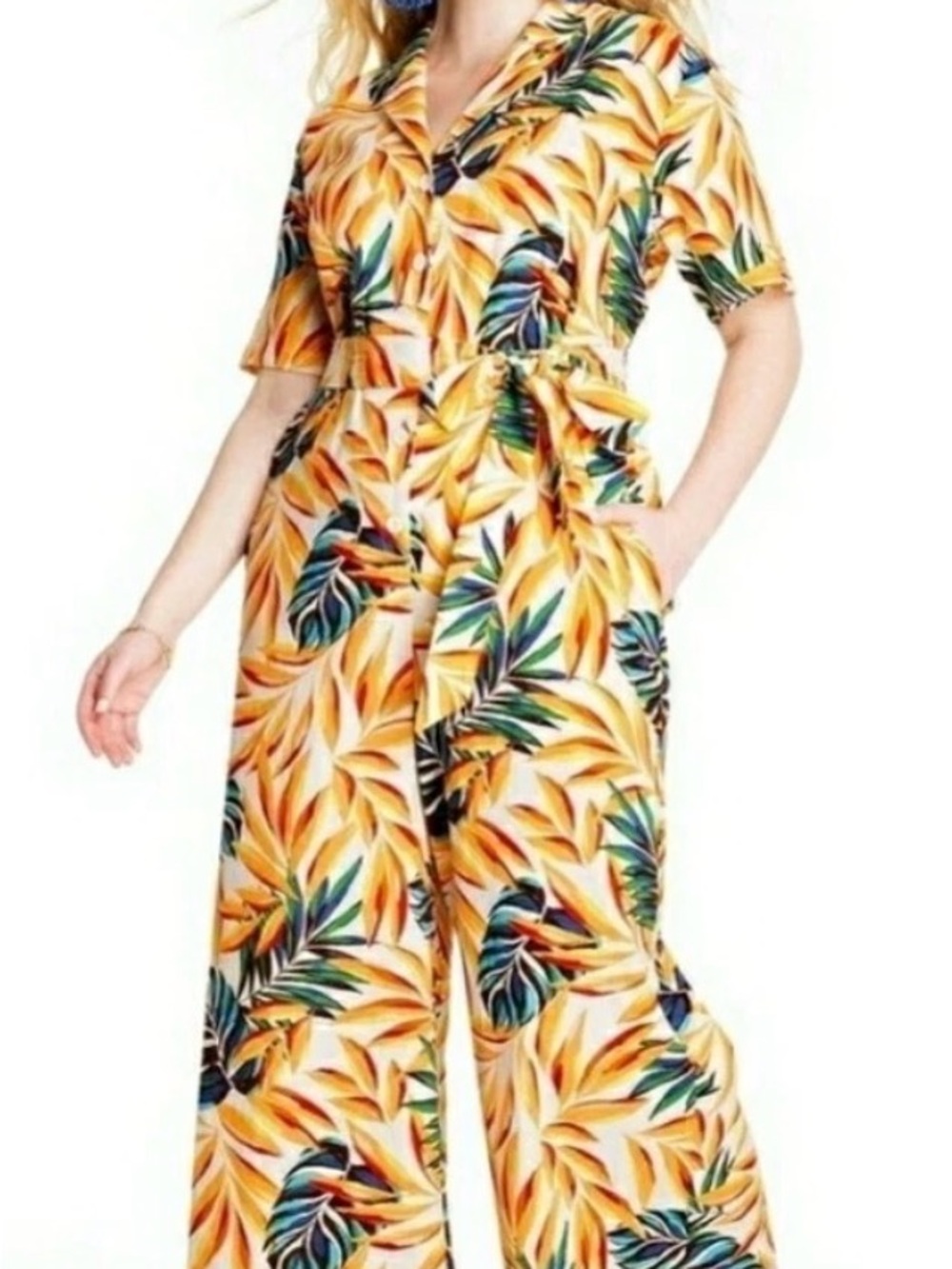 Tabitha Yellow Tropical Leaf Short-Sleeve Wide-Leg Jumpsuit